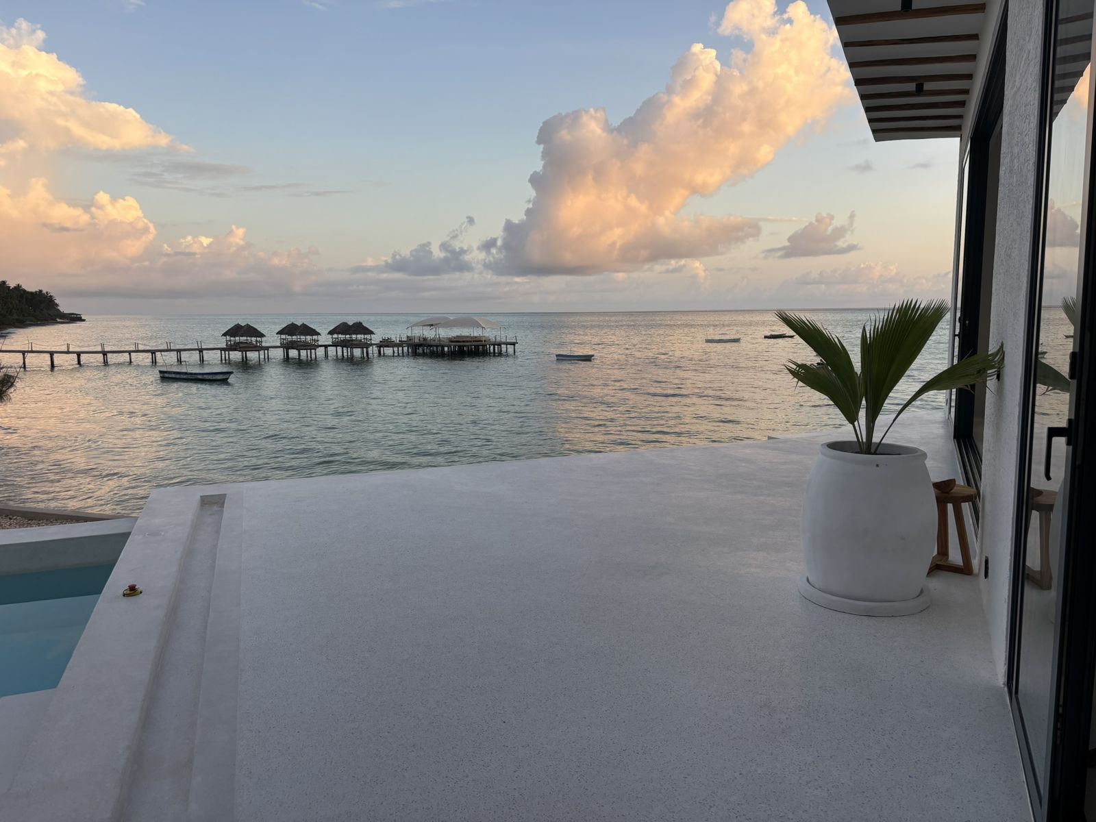 The terrace at dusk, looking out over the bay