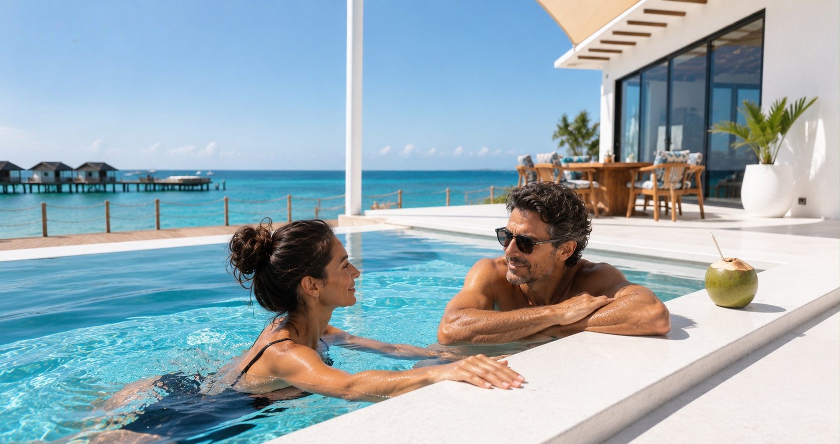 Couple relaxing in the infinity pool at Zuri Cliff villa