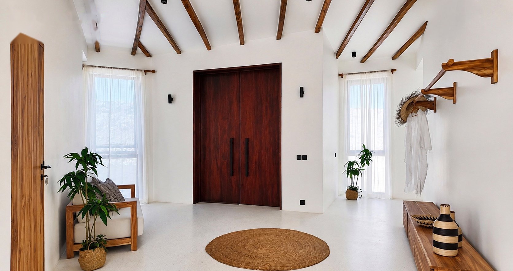 Wooden double door entrance at Zuri Cliff villa