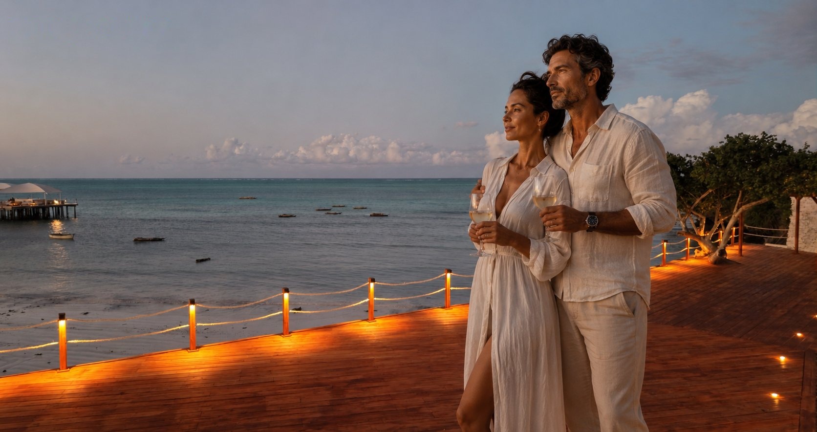 Couple sharing champagne on the deck at sunset at Zuri Cliff villa